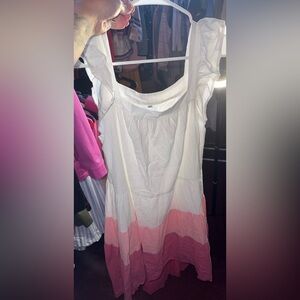 Sleeveless White and Pink Tiered Midi Dress